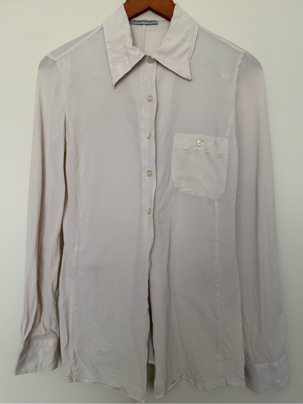 Vintage Emporio Armani Silk Made in Italy Button-Up Slim Dress Shirt Off White M